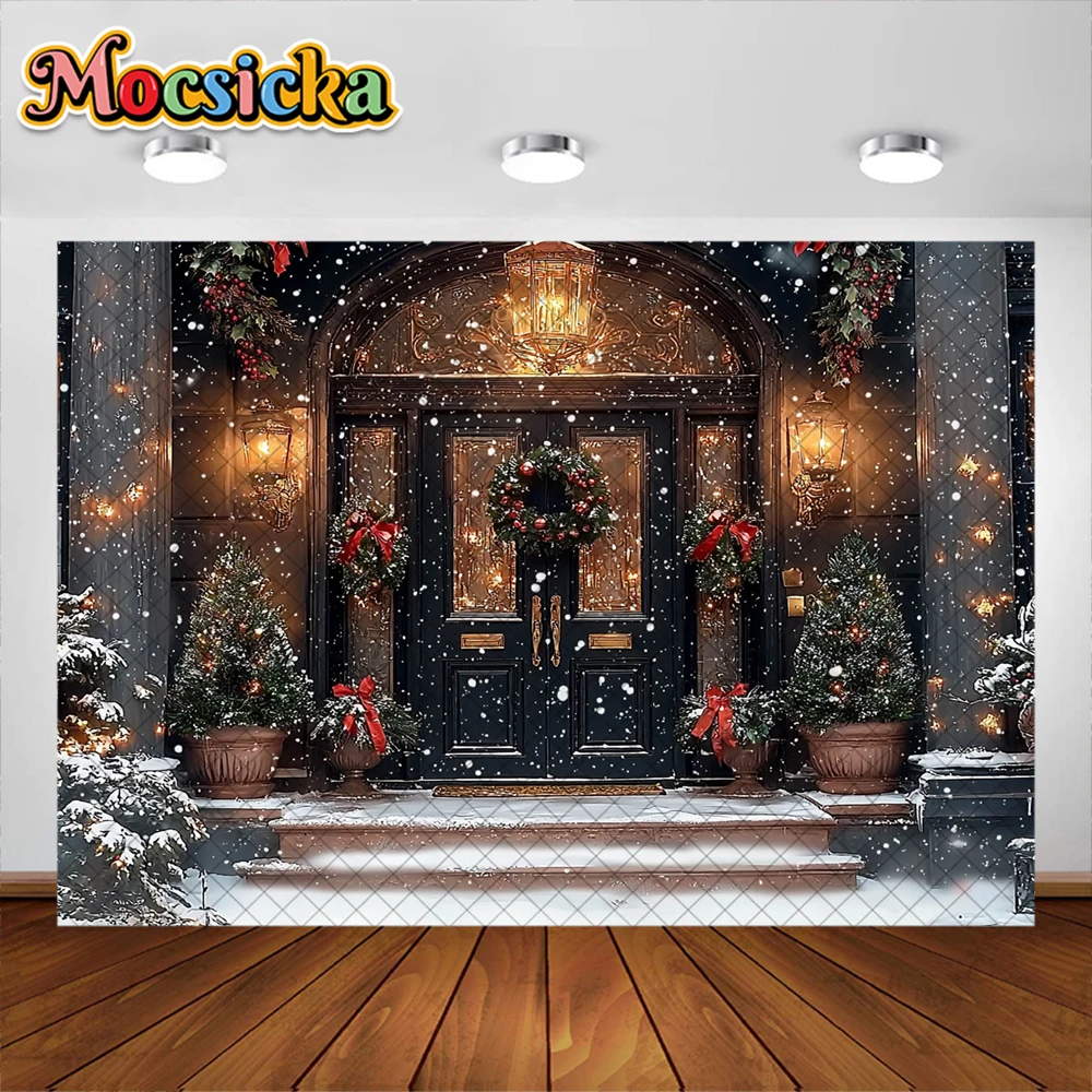 Winter Christmas Photography Background Wooden Door Xmas Gift Garland Decoration Girl Portrait Photo Backdrops Studio Props