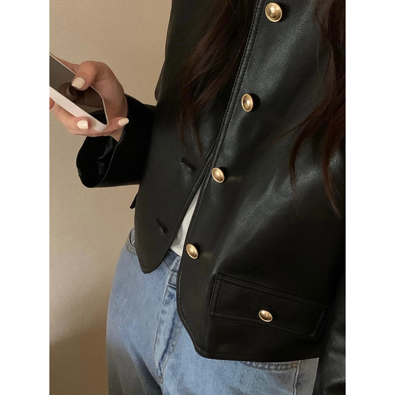 Korean Style Black Jacket Women's New Fashion Retro Single-Breasted Leather Jacket Women's Street Wear O-Neck Short Jacket Coat