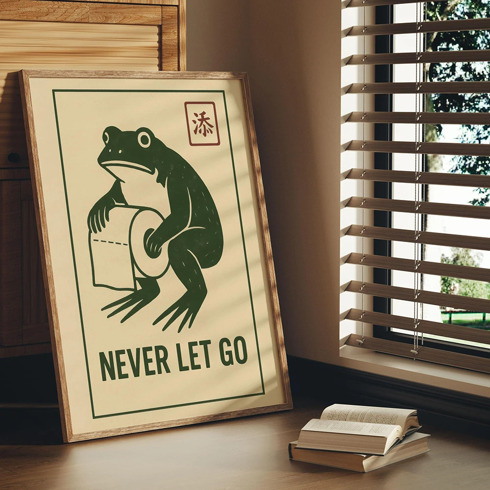 

Funny Toilet Paper Frog Art Never Let Go Print Vintage Japanese Bathroom Humor Wall Decor Frog Poster for Guest Bathroom or Gift