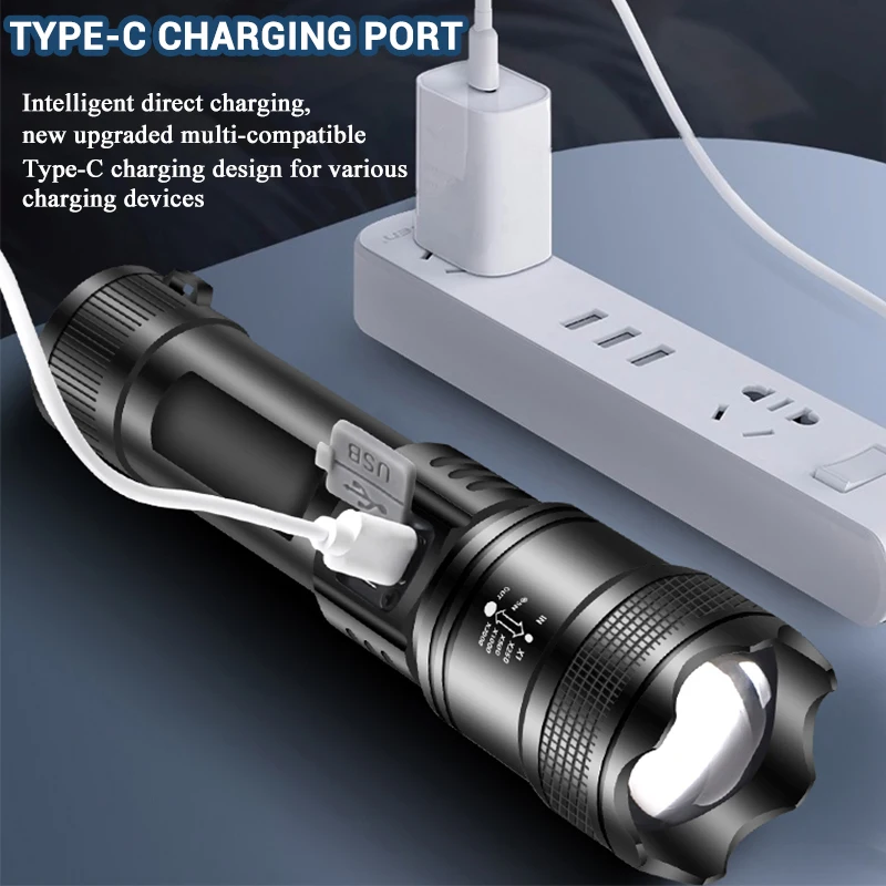 قوية P70 مصابيح كاشفة بلمبات Led 5000LM USB قابلة للشحن التكتيكية ضوء أضواء الطوارئ تلسكوبي التكبير ضوء المدمج في البطارية