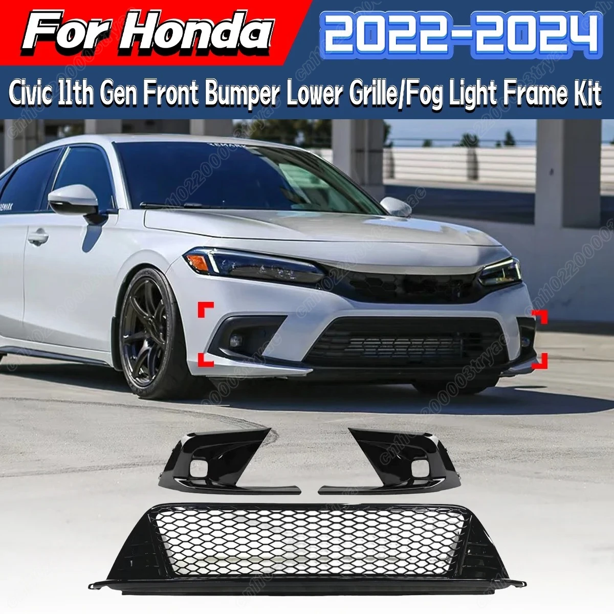 

Для Honda Civic 11-го поколения 2022 2023 2024, передний бампер, нижняя решетка, левая и правая противотуманная фара, комплект модификации кузова автомобиля
