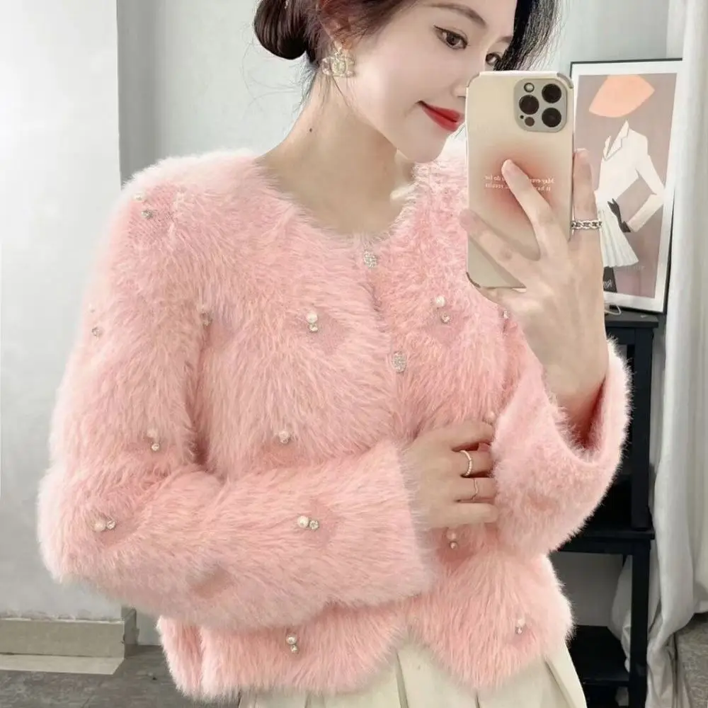 Women\'s Imitation Mink Velvet Knitted Cardigan, Sweater Jacket, Thick, Short Style, Winter Clothing, Spring, Autumn, New, 2024