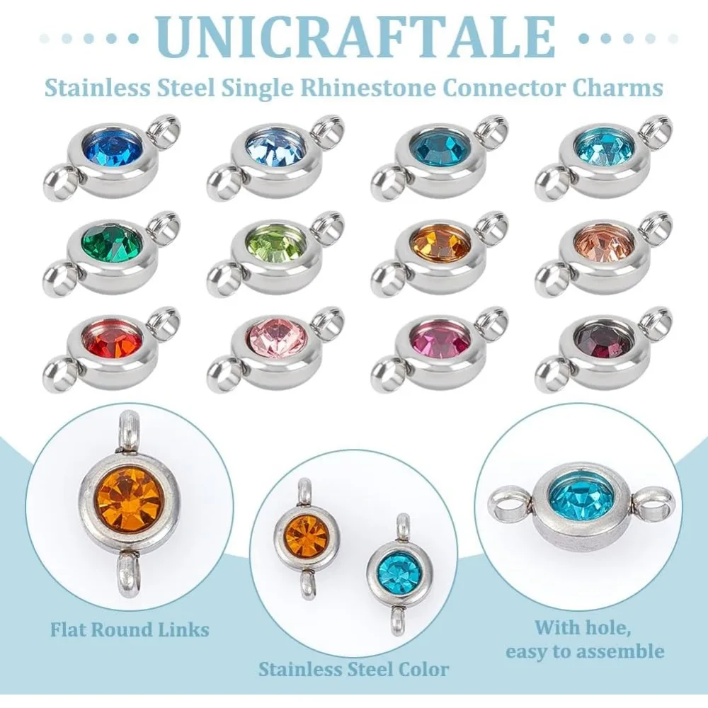 24 pz 12 colori cristallo birthstone charms acciaio inossidabile piatto rotondo strass connettore charms kit per la creazione di pietre preziose in vetro