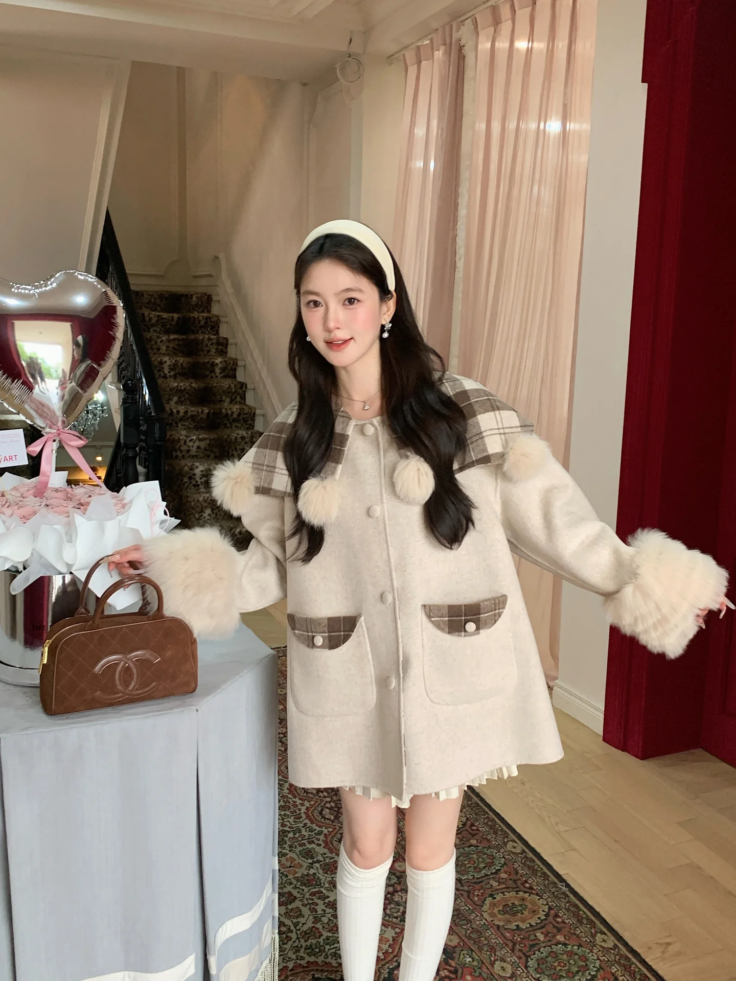

Woolen Plaid Double-Sided Coat Women's Medium-Length Fur Jaet Autumn Winter New Sle Commute Sle Chinese Production