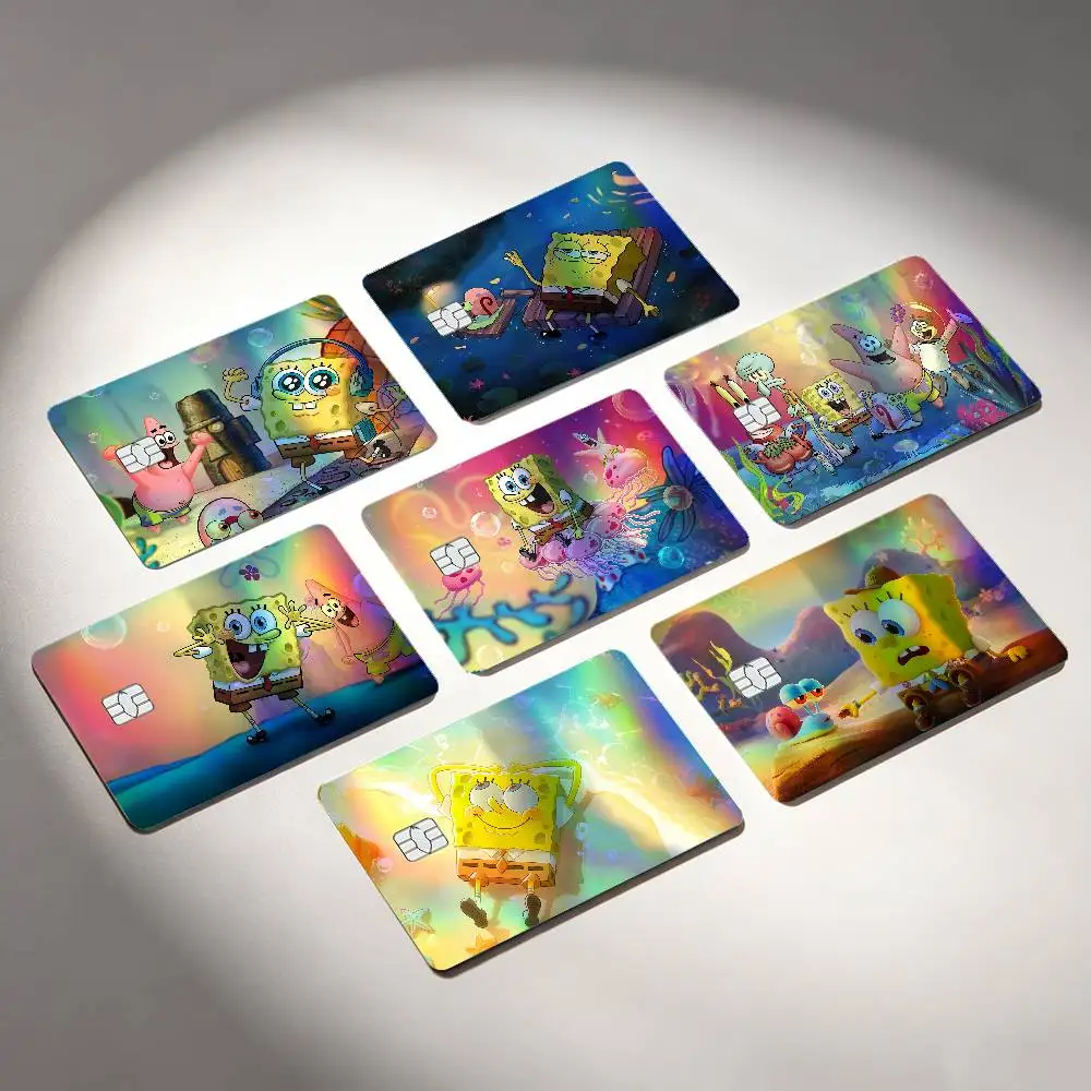 Cartoon S-Sponge-BobS Yellow Laser Reflective Card Skin Sticker For Debit Credit Card