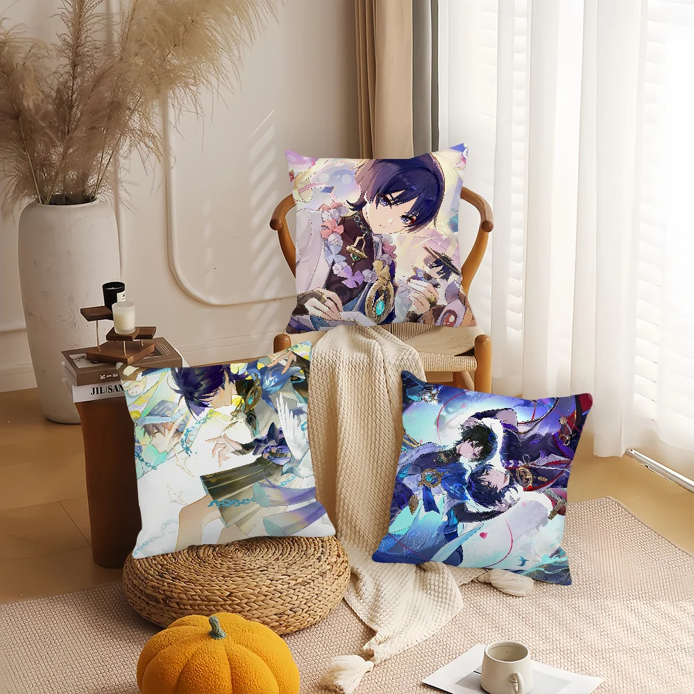 Genshin Impact Scaramouche and Wanderer Pillow Case Bedroom Sofa Living Room Backrest Decoration Square Cushion Nap Time