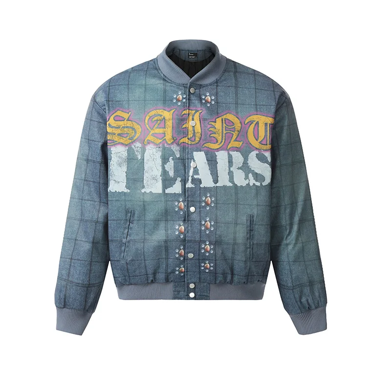 24FW High Quality Blue Plaid Jackets Men Women Streetwear Classic Logo Print Saint Tears Baseball Jacket Oversized Casual Coats