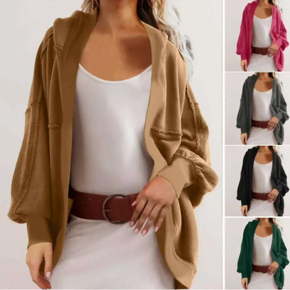 Fall Women's Jacket Combination with Cap Loose Solid Color Long Sleeve Open Pin Cardigan Sweater Sports Casual Set