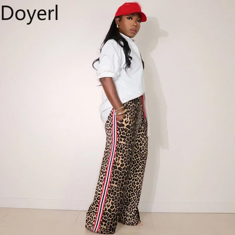 

Doyerl Casual Leopard Print Wide Leg Pants Women Drawstring High Waisted Side Striped Ladies Trousers Bottoms Pantalon Femme
