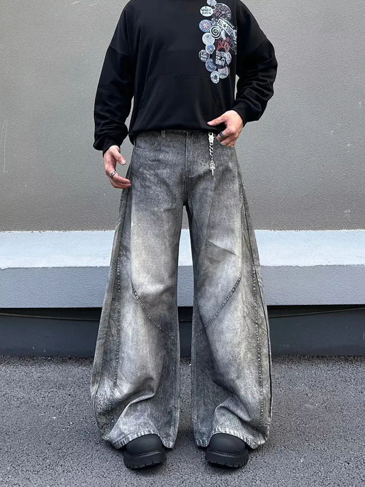 

2025 American Retro Y2K Streetwear Washed Grey Patchwork Baggy Jeans Pants For Men Clothing Wide Leg Long Trousers Ropa Hombre