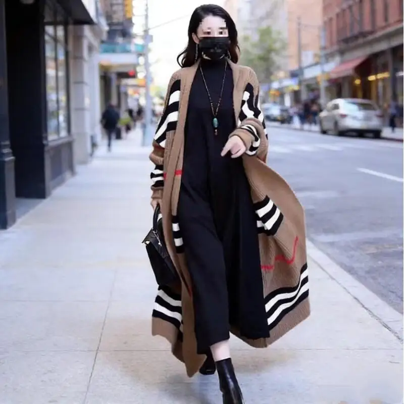 

Newautumn Winter Plussize Women Loose Casual Long Over Knee Knitted Cardiganfor Lazy Style Fashion Versatile Large Sweaterjacket