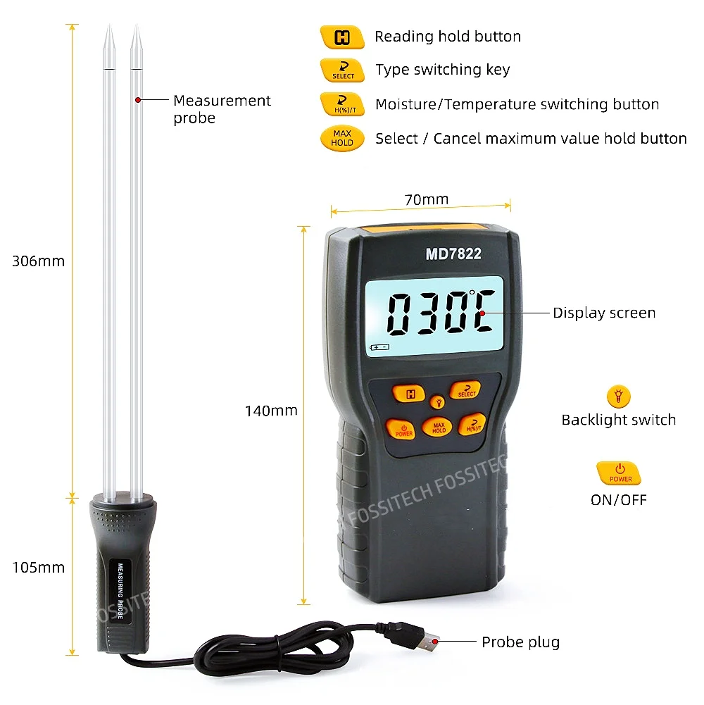 MD7822 Handheld Digital Grain Moisture Meter LCD Display High Precision Humidity Tester Contains Wheat Corn Rice Moisture Meter