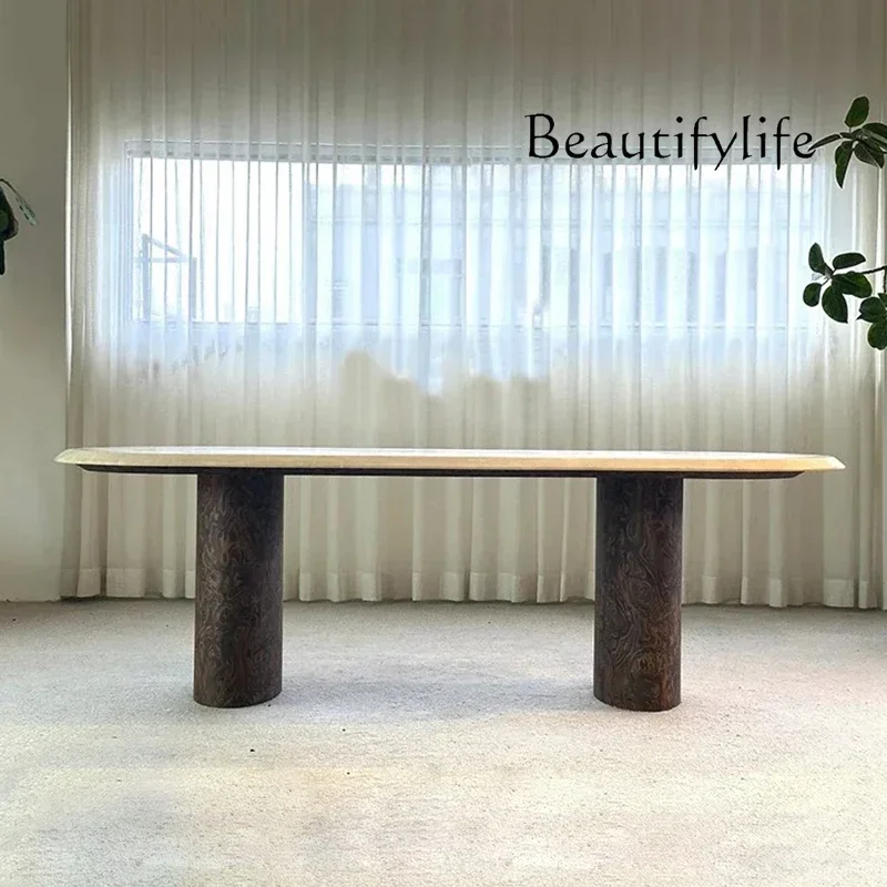 N45 Wi French retro style natural travertine dining table living room home tea table balcony designer creative workbench