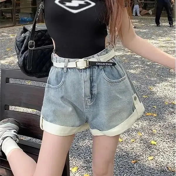 

Light-Colored Curly Denim Shorts Women Spring Summer Thin Design High Waist Slimming A-Line Loose Straight Wide-Leg Hot Pants