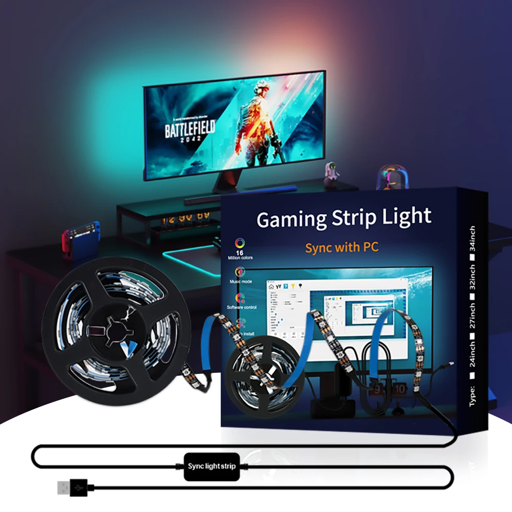 USB PC LED Strip Lights 24-34 Inch Computer RGBIC APP Music Sync Monitor Screen LED Backlight for Gaming Room Atmosphere Decor