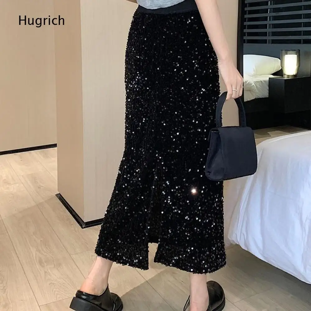 Ladies Sparkly Sequin Bodycon Midi Skirt Solid Black Elastic High Waist Front Split Design Casual Long Skirt Bottoms