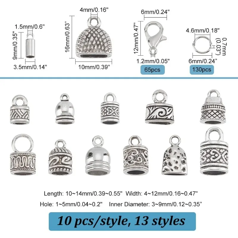 325PCS 13 Tibetan Styles Cord End Cap with Lobster Clasp Leather Cord End Tassel Caps Terminator End Tips Jump Rings for Jewelry