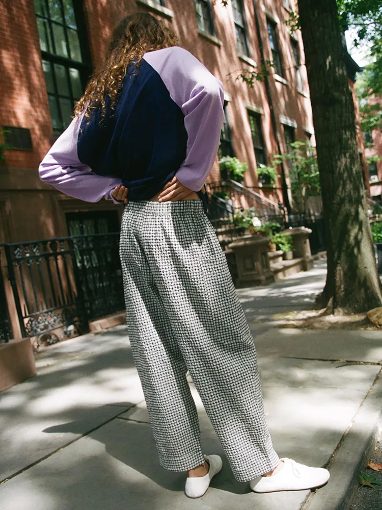 New Arrival Autumn Plaid Pants Women's Elastic mid Waist Pocket Decorated Cuffed Straight Leg Trousers for Ladies