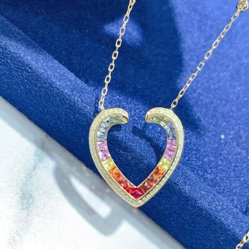 Aazuo Fine Jewery18K Yellow Gold Natural Sapphire Real Diamond Lovely Rainbow Heart Necklace Gifted For Women Birtthday Party