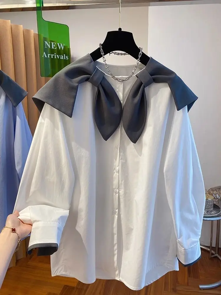

Bow Navy Collar Big Shirts 2025 New Loose Doll Top Contrast Patchwork Shirts & Blouses Blusas De Mujer Korean Chic