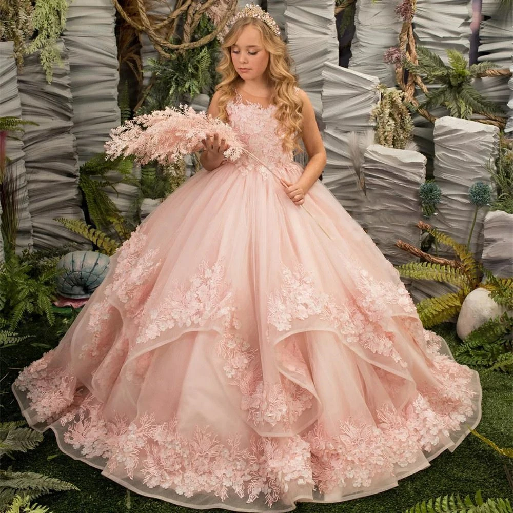 Pink Flower Girl Dress Lace Tulle Ruffles Emboridery Elegant Princess Communion Birthday Party Ball Gown Beauty Pageant Wear