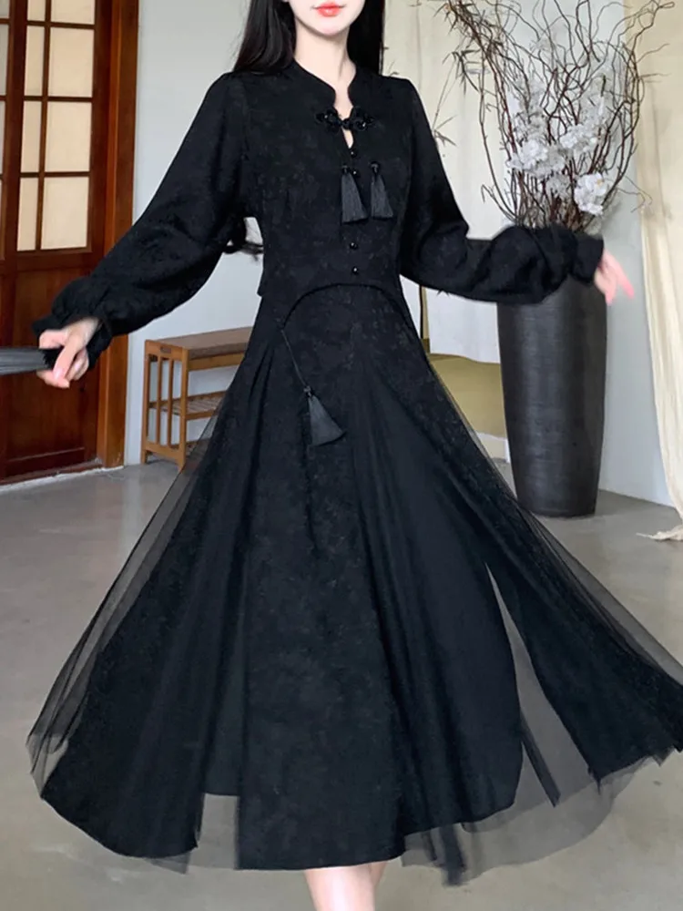 

Large Size National Sle Tassel Net Yoke Dr Autumn Winter Slimming Modified Little Bla Dr Commute Retro