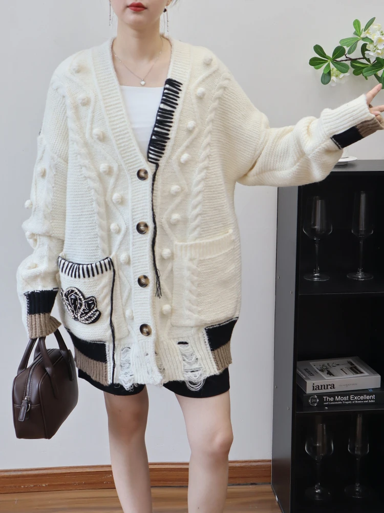 Suéter de punto blanco para mujer, Tops con costuras, moda urbana, cuello en V, manga larga, holgado, vaquero, bolsillo, cárdigan de retazos, prendas de punto Y2K