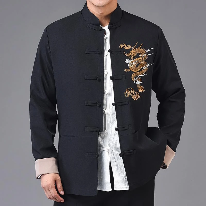 

Chinese Retro Hanfu Tang Suit Clothes Men Balck Jackets Embroider Dragon Kung Fu Costume Traditional Uniform Plus Size 4XL