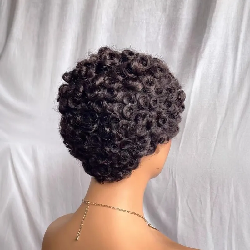 Hochwertige natürliche schwarze gelockte 100% Echthaar-Perücke, kurzer Pixie-Schnitt für Frauen, 6'' Remy-Haar, kleberlose Perücken – Detail 2