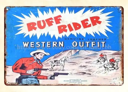 Childhood toy WESTERN COWBOY Ruff Rider OUTFIT and HOLSTER play room metal tin