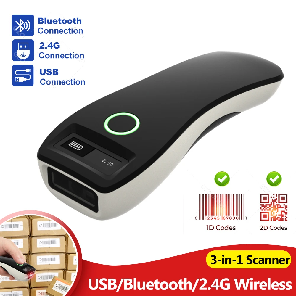 2D Barcode Scanner Mini 3-in-1 Usb Bluetooth 2.4G Wireless Portable 1D 2D QR Code Data Matrix PDF417 Reader & Storage Function