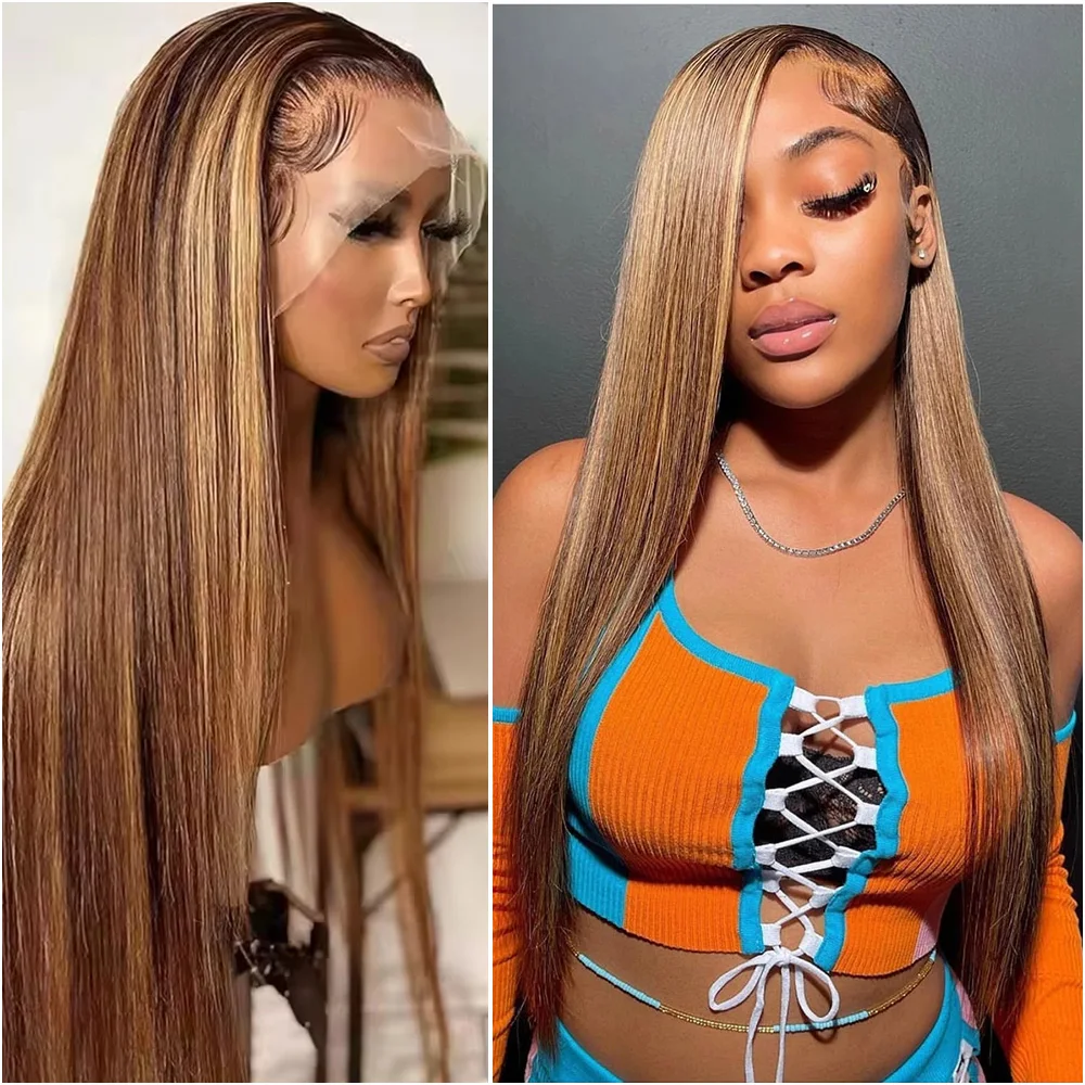 

30 36 Inch Highlight 13x6 Lace Frontal Wig 100% Brazilian Human Hair 4/27 Bone Straight Lace Front Wigs PrePlucked 200% Density