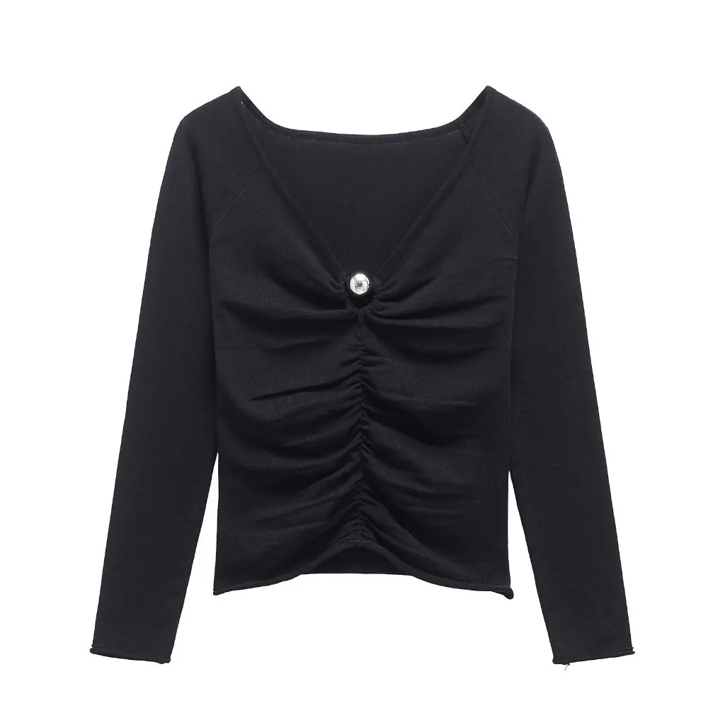 

European And American Fashion Joker V-neck Pleated Knitted Jacket Long Sleeve Ball G866529 Spring New Women's Cardigan