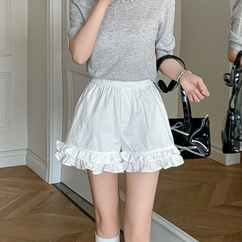  High Waist White Cotton Women's Ruffles Shorts 2025 New Summer Solid Casual Loose Wide Leg Short Pants Female