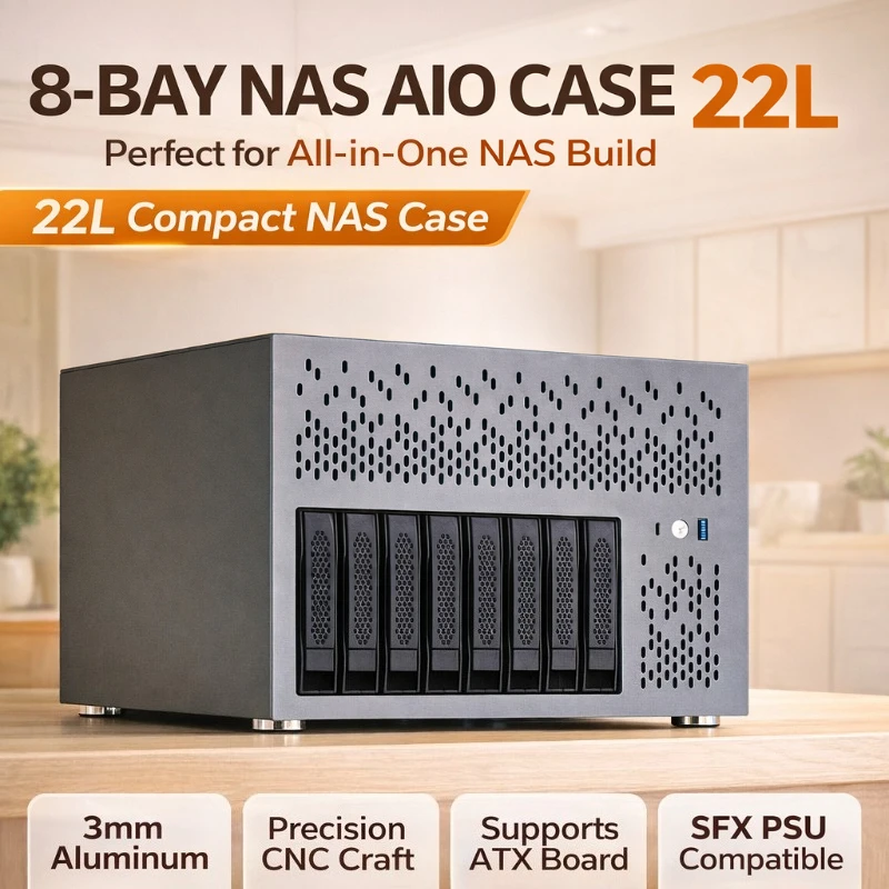 8-Bay NAS Case 22L ATX Storage Server Chassis with 8643 Backplane, SATA/SAS HDD SSD Support, Aluminum CNC, SFX PSU
