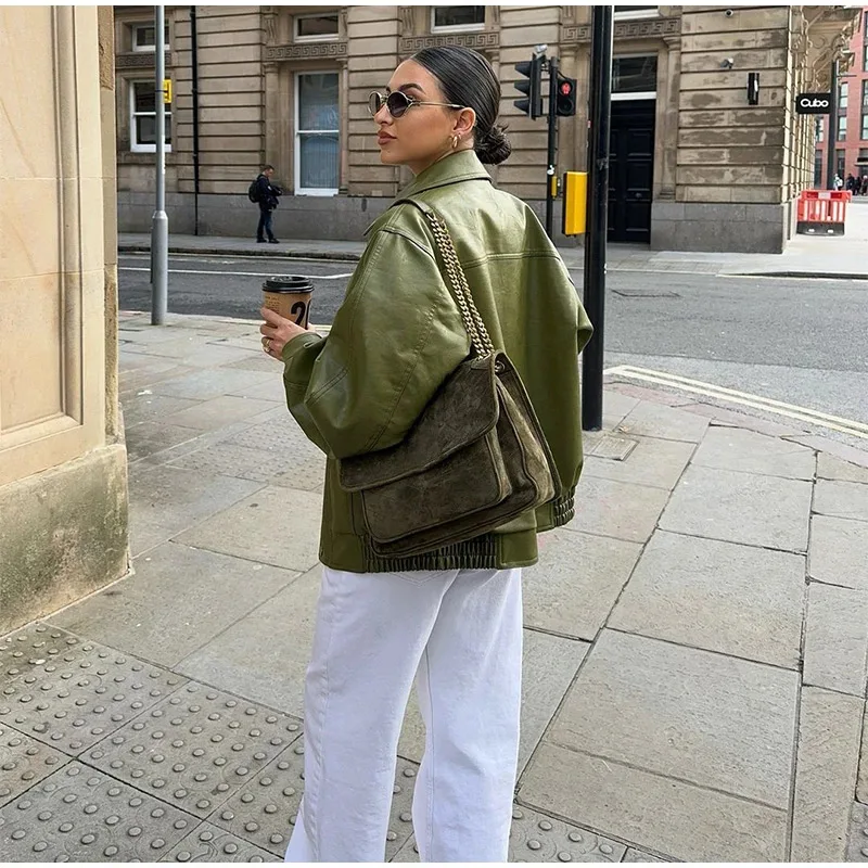 Veste en cuir PU vert Vintage pour femme, manteau court à revers, manches longues, bouton de fermeture éclair, mode automne 2025, nouveaux vêtements d'extérieur de rue