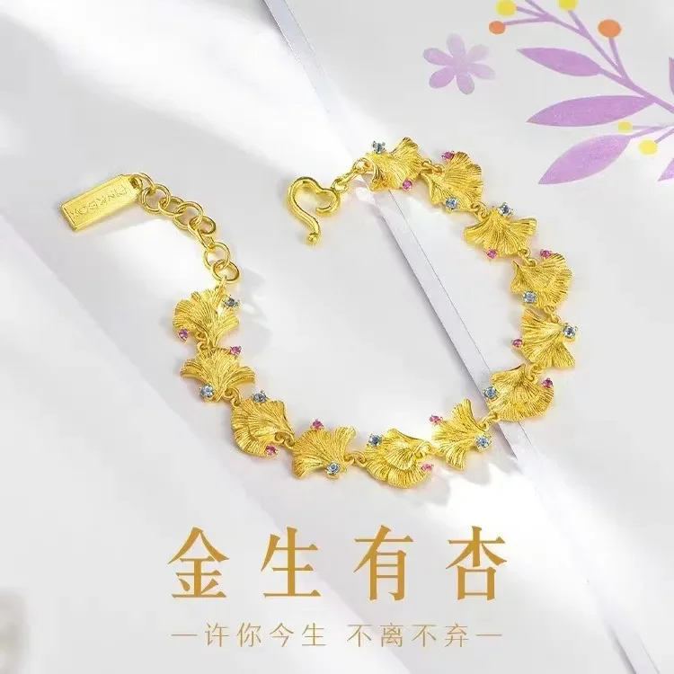 9999 24K real gold polka dot drill ginkgo leaf AU750 Bracelet temperament bracelet for girlfriend's birthday gift