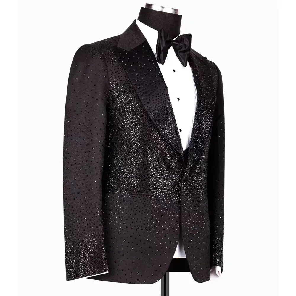 Black Glitter Crystal Suits Men For Wedding 2 Pieces Jacket Pants Groom Tuxedo Formal Business Banquet