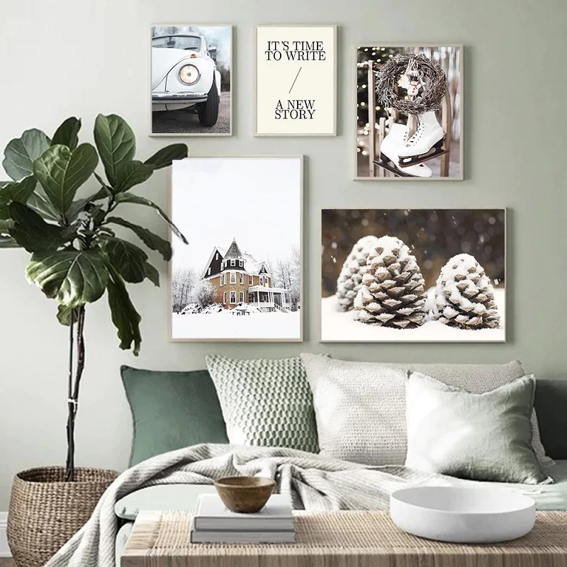 Nordic Art Canvas Painting Winter Snow Tree Pine Deer Studio Car Poster Home Living Room Decoration Drawing Frameless