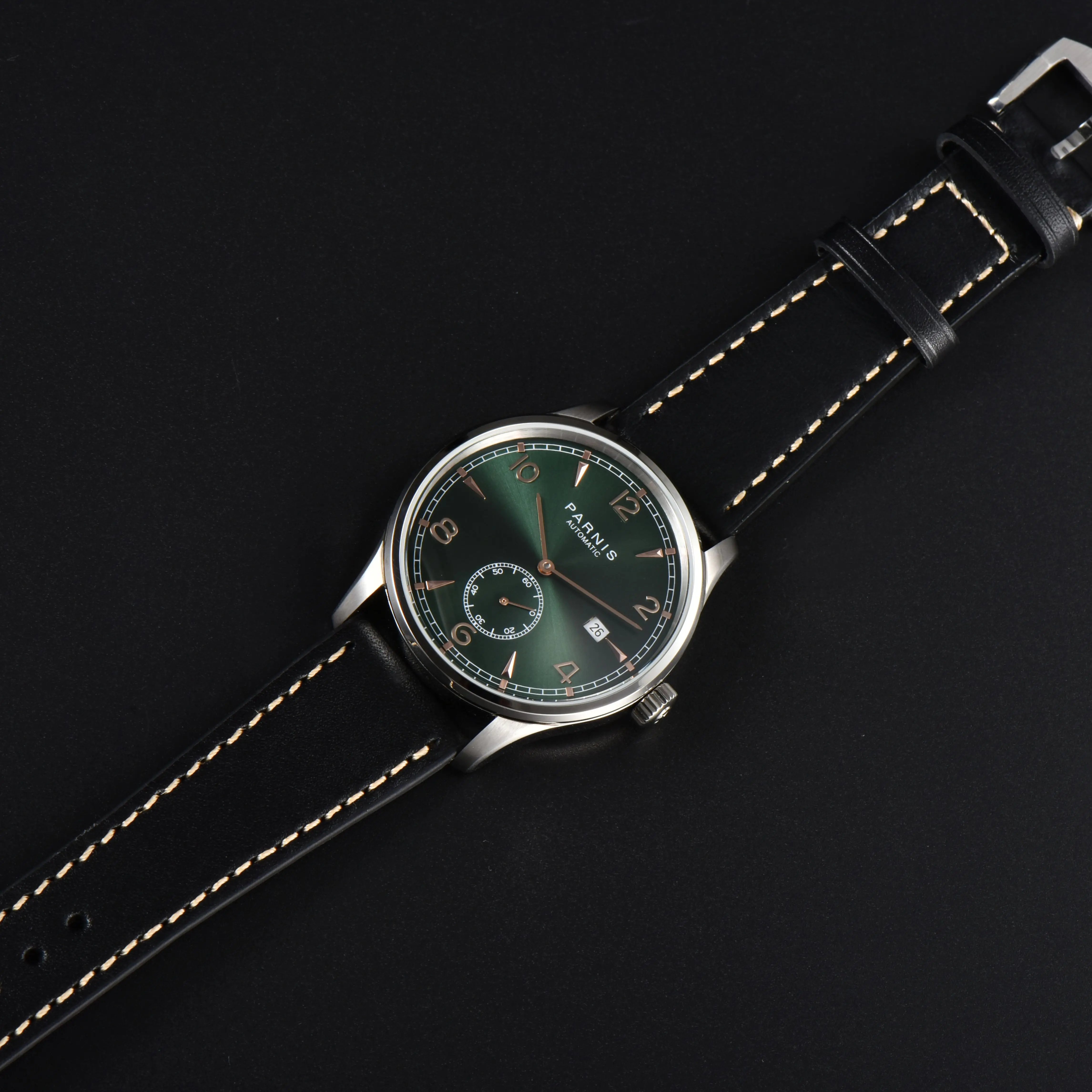 New Arrival Parnis 41.5mm Green Dial Mechanical Automatic Men\'s Watches Leather Strap Luxury Waterproof Man Watch reloj hombre