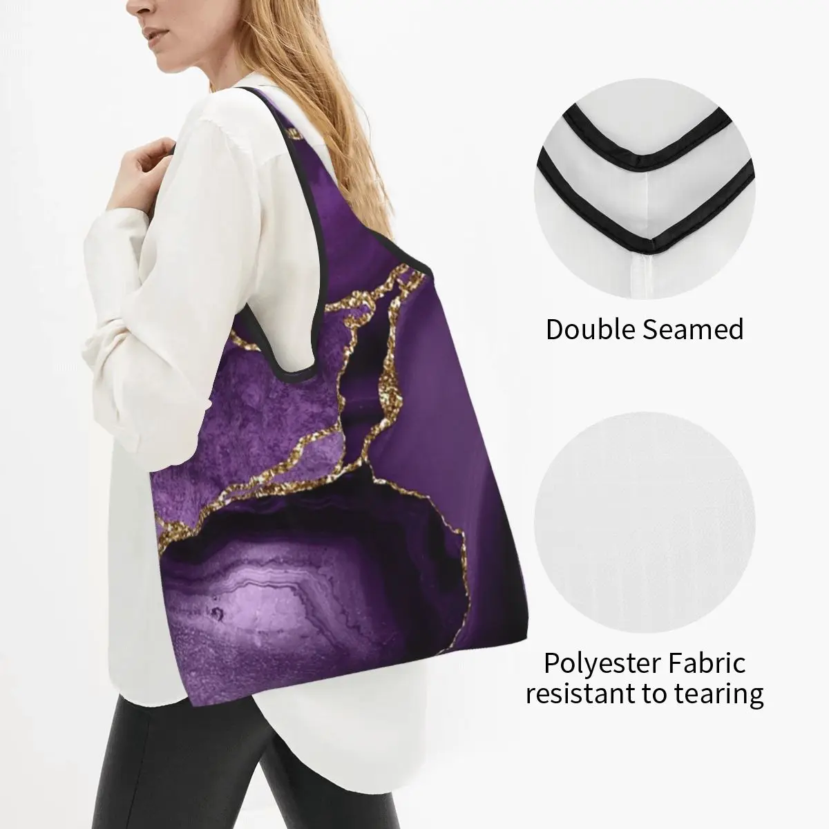 Purple Faux Marble Abstract Landscap Portable Tote Shopping Bags Reusable Shopper Bag Grocery Handbag Shoulder Bag