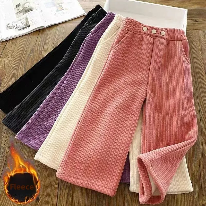 Girls Fleece Lined Thick Wide Leg Pants Autumn Winter Casual Long Trousers For Medium To Large Children Korean Style Kids Fashio