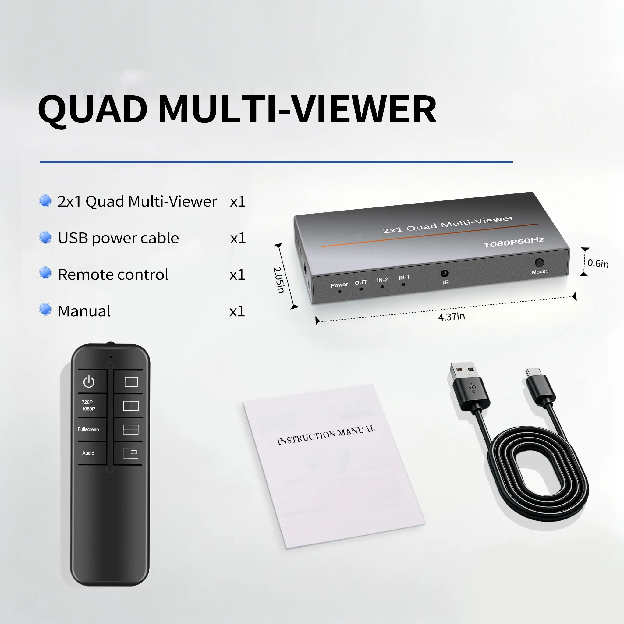 HDTV 2x1 Quad Multiviewer With PIP Mode HD Screen Splitter with IR Remote Control 2 In 1 Out Video Switcher For TV Monitor