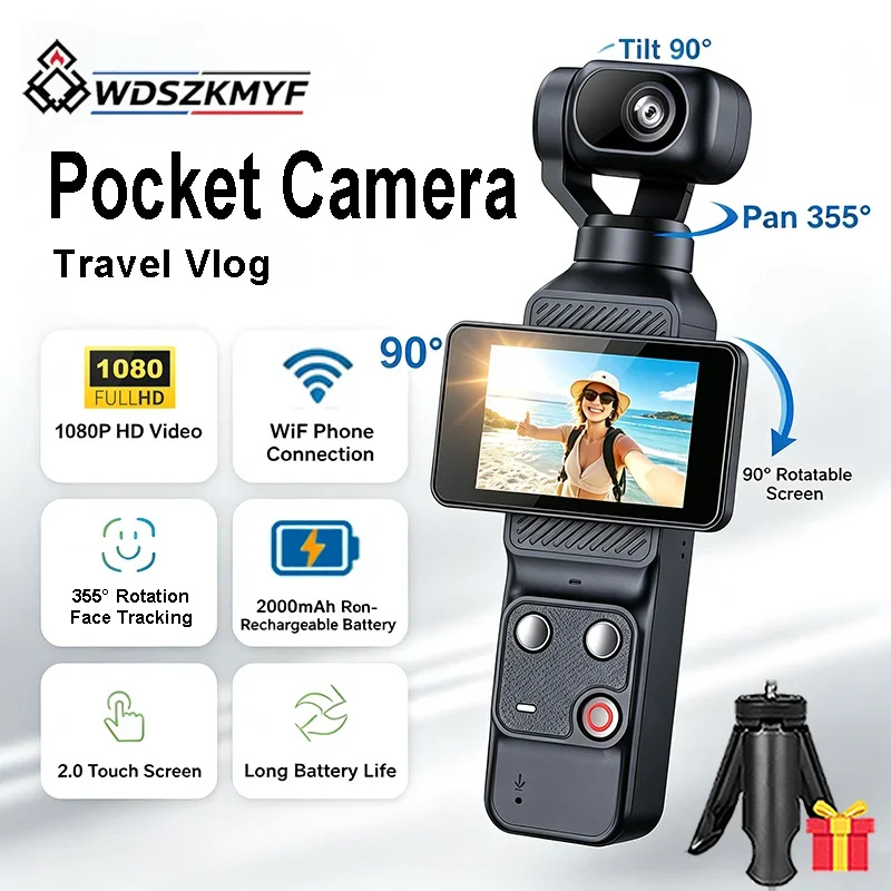 2 Inch Touch Screen 1080P Action Camera 355° Face Tracking Gimbal Stabilizer WiFi Pocket Gimbal Cam for Backpacking Travel Vlog