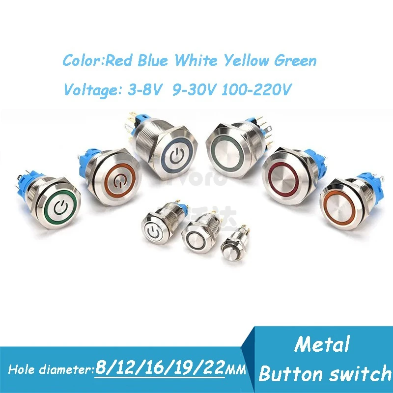 

12 16 19 22mm Waterproof Metal Push Button Switch LED Light Momentary Latching Car Engine Power Switch 5V 12V 24V 220V Red Blue