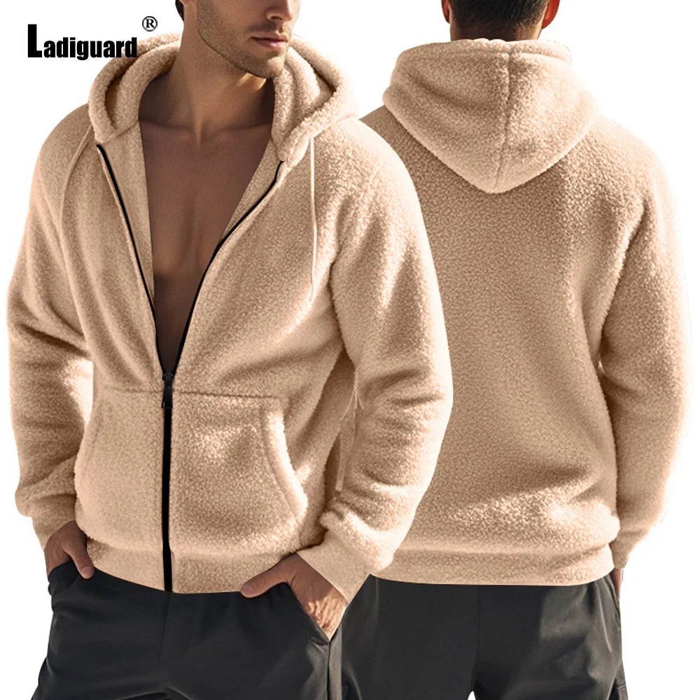 

Men Casual Plush Hooded Jacket European Style 2025 Winter Zipper Pockets Classic Basic Tops Outerwear Khaki Comfy Jackets New