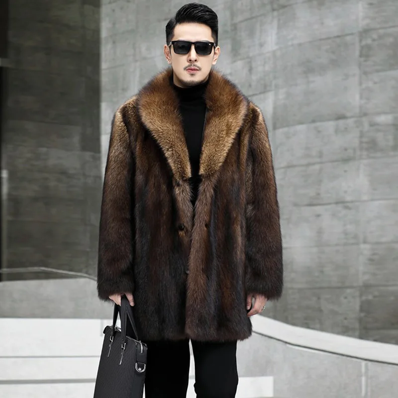 2025 Fashion Men Jacket Brown Windproof Imitation Mink Fur Outerwear Male Winter Coat Super Warm Casual Long Parkas S-6XL Size