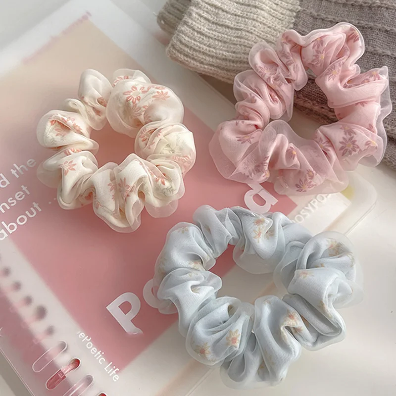 Double Layer Hair Bands Silk Organza Hair Rope Oversized Floral Hair Scrunchie Hair Accessories Net Yarn Elastic Hair Tie Bands