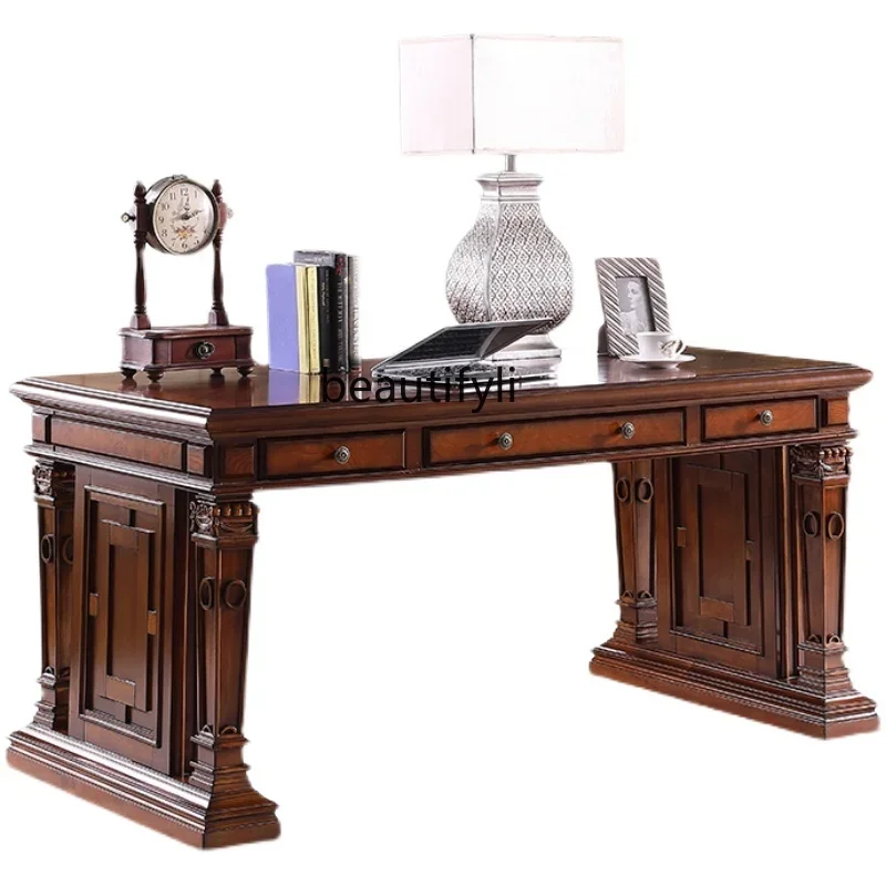American Style Solid Wood Desk Home Office Writing Original Wood Carved Computer Calligraphy Desk  hr