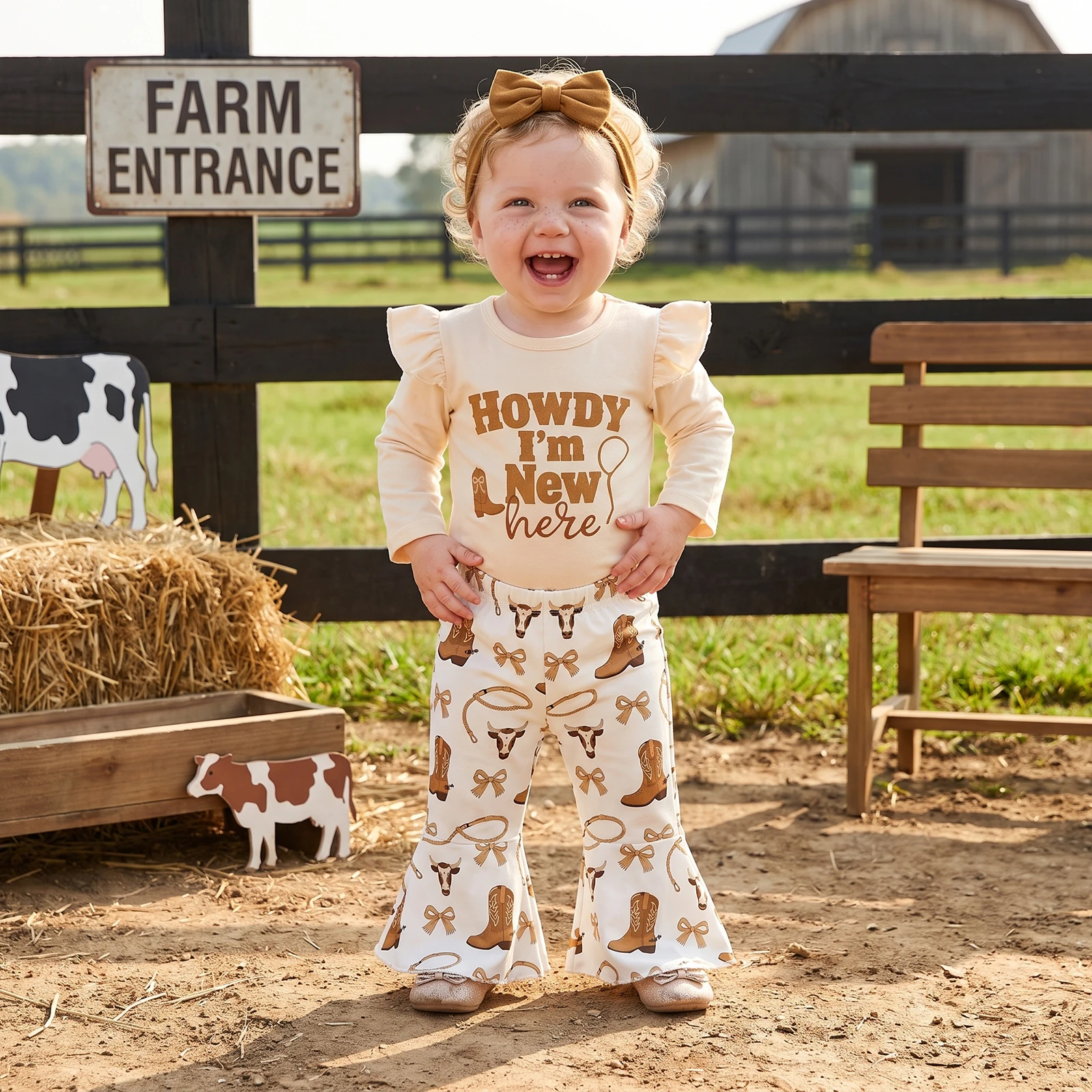 Baby Girl Western Outfits Long Sleeve Romper Bell Bottom With Headband Cute Girls Fall Clothse Set